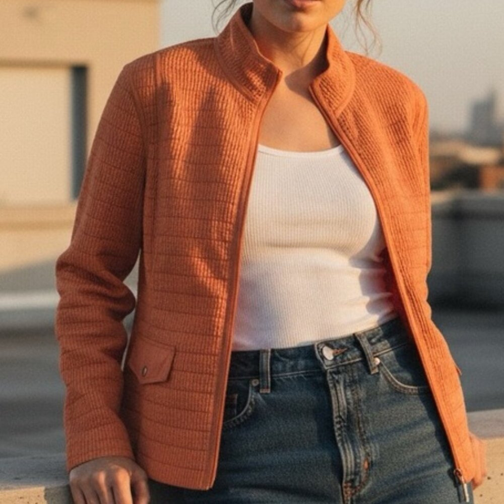 Retro Sporty Aeros Orange Textured Popcorn Knit Full Zip Jacket Size Small/Mediu